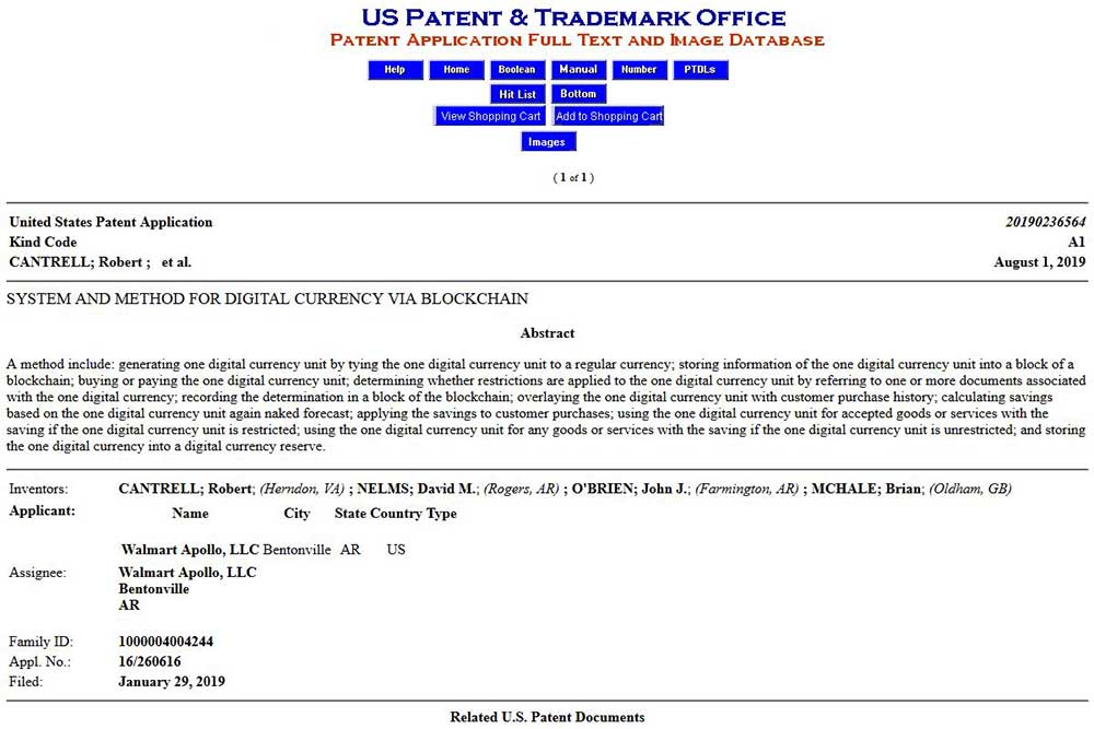 US Patent & Trademark Office　ウォルマート特許申請