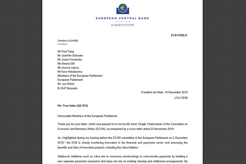 ECB　クリスティーヌ・ラガルド総裁の書簡