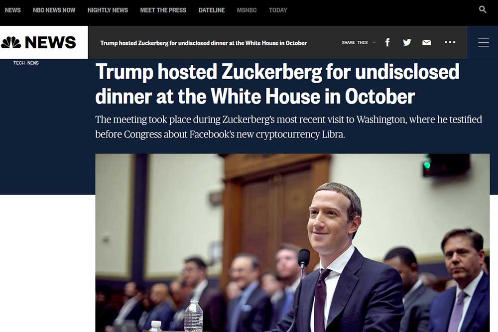 NBC NEWS Mark Zuckerberg氏がホワイトハウスで夕食会