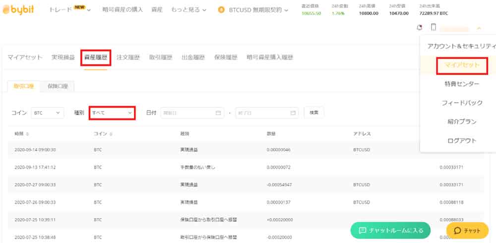 Bybit資産履歴表示画面