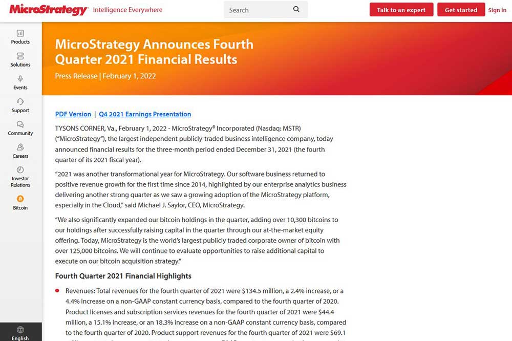 MicroStrategy Press Release 2021年第4四半期の決算報告