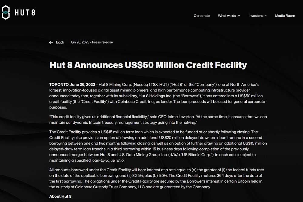 HUT8　コインベース子会社と5,000 万米ドルの信用枠締結