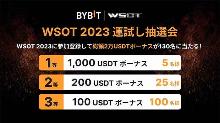 Bybit「WSOT2023運試し抽選会」で大会前から特典をGETしよう！賞金総額20,000USDTから最大1,000USDTボーナスが当たるチャンス！！